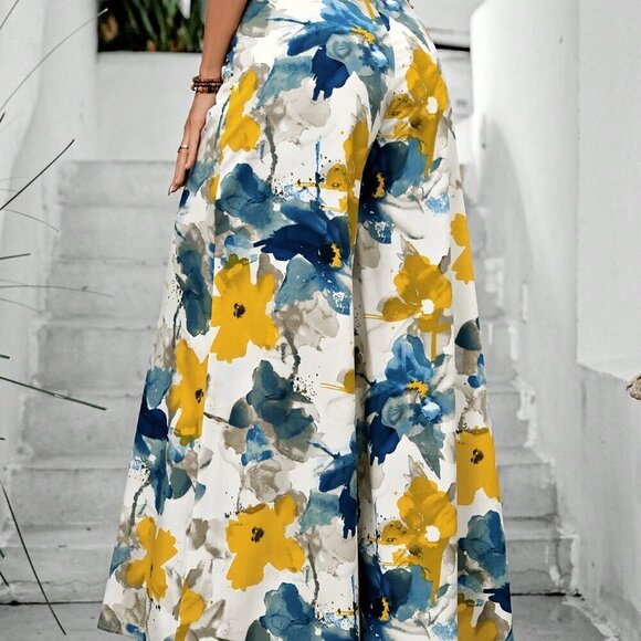 White Boho Women's Floral Print Super Wide-Leg Pants - Picture 2 of 5